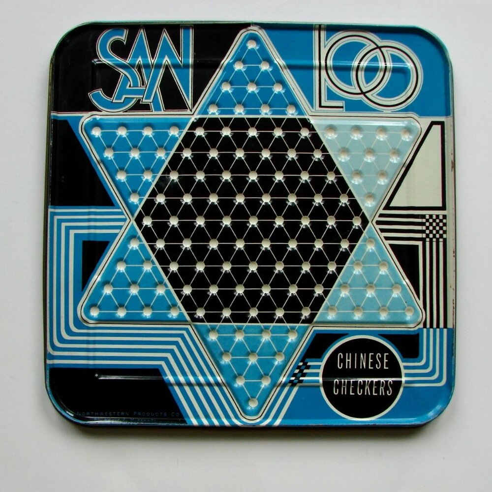 Vintage Chinese Checkers San Loo Metal 14x14 Game Board Blue Art Deco Style RARE